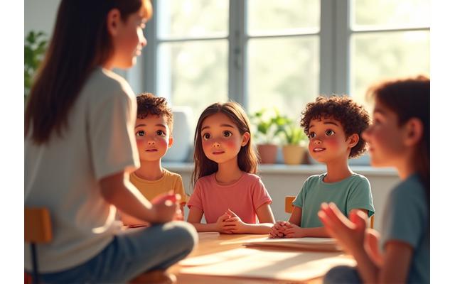 Grupo de escolares practicando mindfulness en un aula, guiados por un profesor.